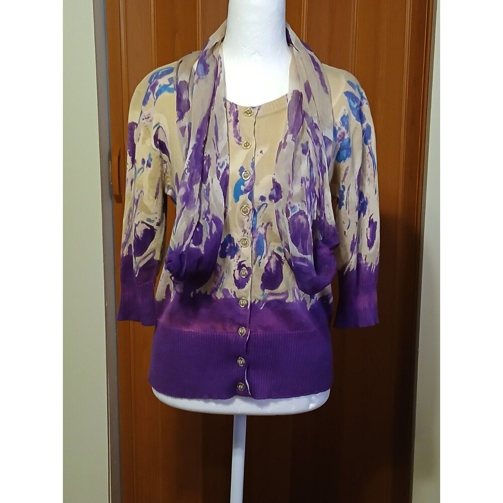 Gillian Nicole Petite Cardigan With 100% Silk Scarf Purple/Blue